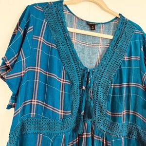 Torrid Women 3X Blue Plaid V-Neck Blouse Lightweight Eyelet Ribbon Flowy Hem